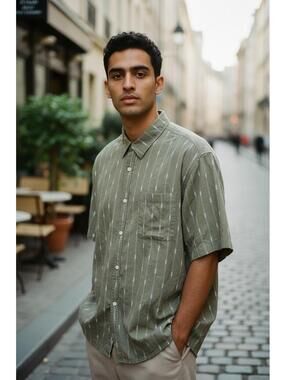 Olive 100% Cotton 2XL Stripe Button Down Shirt Boho